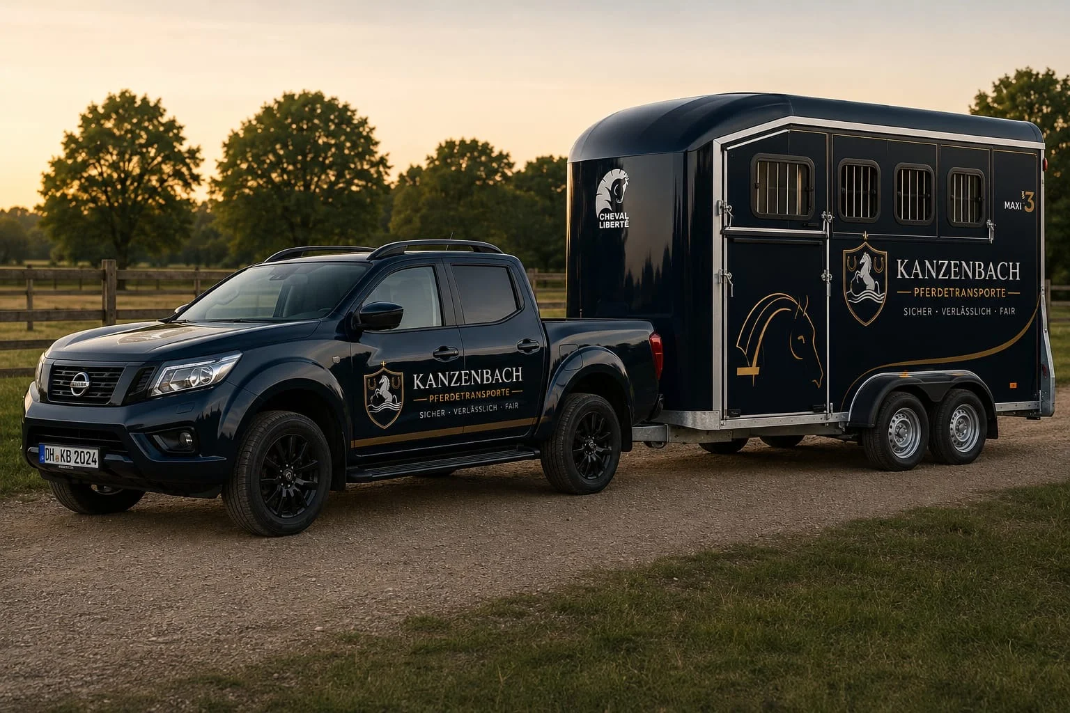 Pferdetransporter von Pferdetransport Kanzenbach – navyblauer Pickup mit passendem Pferdeanhänger im Abendlicht